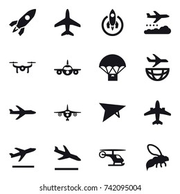 16 vector icon set : rocket, plane, weather management, drone, deltaplane, airplane, departure, arrival, wasp