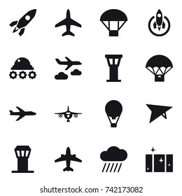 16 vector icon set : rocket, plane, parachute, lunar rover, journey, airport tower, air ballon, plane, airplane, rain cloud, clean  window