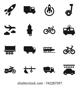 16 vector icon set : rocket, truck, journey, spark plug, bike, train, motorcycle, plow, sweeper, car wash