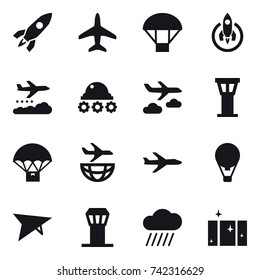 16 vector icon set : rocket, plane, parachute, weather management, lunar rover, journey, airport tower, air ballon,  plane, rain cloud, clean  window