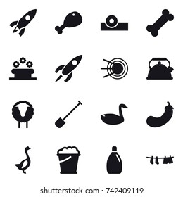 16 vector icon set : rocket, chicken leg, flower bed, kettle, sheep, shovel, goose, eggplant, foam bucket, cleanser, drying clothe