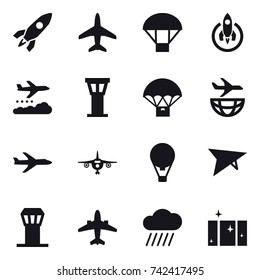 16 vector icon set : rocket, plane, parachute, weather management, airport tower, air ballon, deltaplane, airplane, rain cloud, clean  window