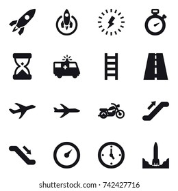 16 vector icon set : rocket, lightning, stopwatch, stairs, plane, motorcycle, escalator, barometer, watch