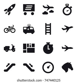 16 vector icon set : rocket, delivery, journey, stopwatch, bike, stairs, plane, escalator, barometer, horse