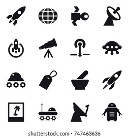 16 vector icon set : rocket, globe, satellite, satellite antenna, telescope, laser, ufo, lunar rover, label, photo