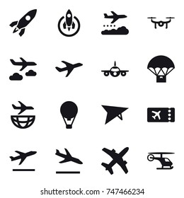 16 vector icon set : rocket, weather management, drone, journey, air ballon, deltaplane, ticket, departure, arrival