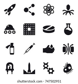 16 vector icon set : rocket, molecule, atom, virus, lunar rover, cpu, microb