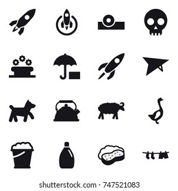 16 vector icon set : rocket, flower bed, deltaplane, dog, kettle, sheep, goose, foam bucket, cleanser, sponge with foam, drying clothe