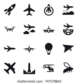 16 vector icon set : rocket, plane, weather management, drone, journey, air ballon, hang glider, wasp