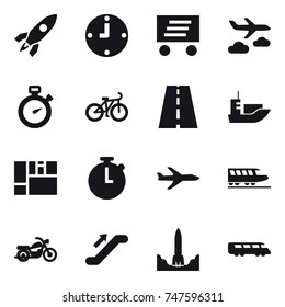 16 vector icon set : rocket, clock, delivery, journey, stopwatch, bike, plane, train, motorcycle, escalator