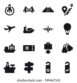 16 vector icon set : rocket, bridge, pyramid, plane, air ballon, baggage checking, ticket, baggage get, flippers, reception, signpost, do not distrub, please clean