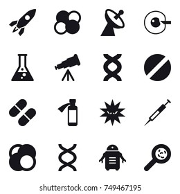 16 vector icon set : rocket, atom core, satellite antenna, cell corection, flask, telescope, viruses