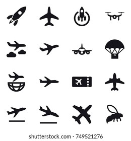 16 vector icon set : rocket, plane, drone, journey, ticket, airplane, departure, arrival, wasp