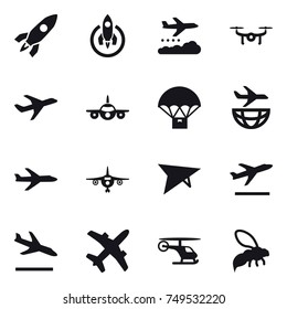 16 vector icon set : rocket, weather management, drone, plane, deltaplane, departure, arrival, wasp