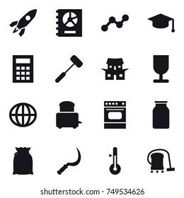 16 vector icon set : rocket, annual report, graph, graduate hat, calculator, japanese house, globe, sickle, thermometer, vacuum cleaner