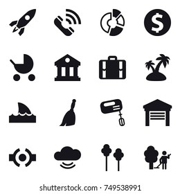 16 vector icon set : rocket, call, circle diagram, dollar coin, baby stroller, library, suitcase, island, shark flipper, broom, mixer, garage, trees, garden cleaning