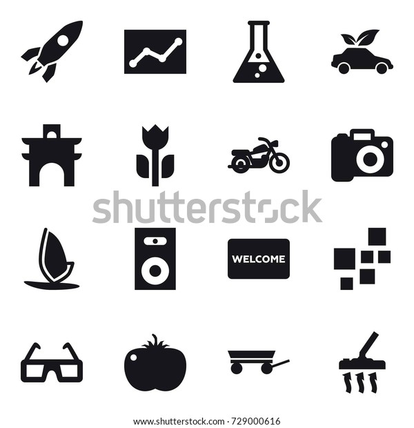 16 vector icon set : rocket, statistic,\
flask, eco car, arch, motorcycle, camera, windsurfing, speaker,\
welcome mat, trailer, vacuum\
cleaner