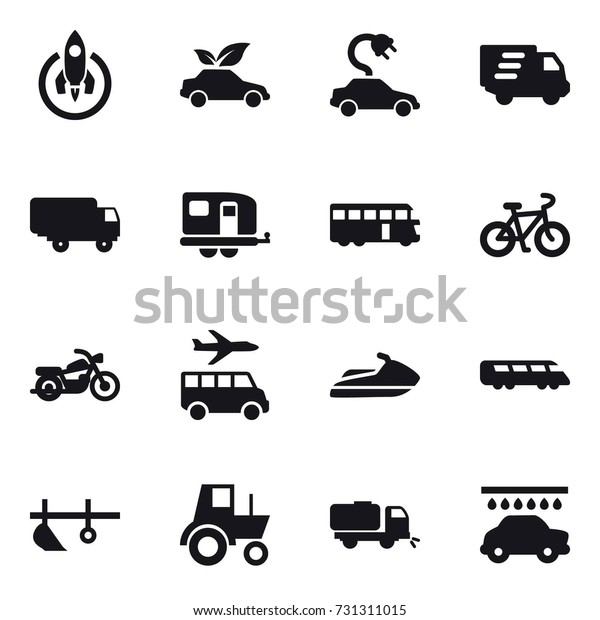 16 vector icon set : rocket, eco car, electric\
car, delivery, trailer, bus, bike, motorcycle, transfer, jet ski,\
plow, tractor, sweeper, car\
wash