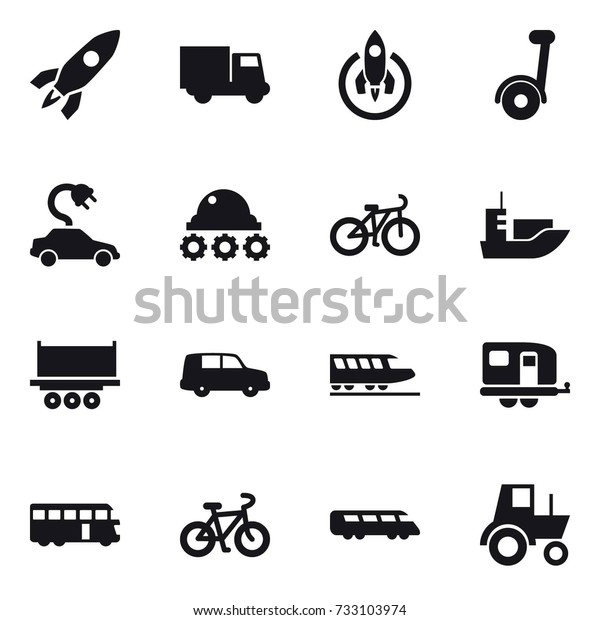 16 vector icon set :
rocket, truck, segway, electric car, lunar rover, bike, train,
trailer, bus, tractor