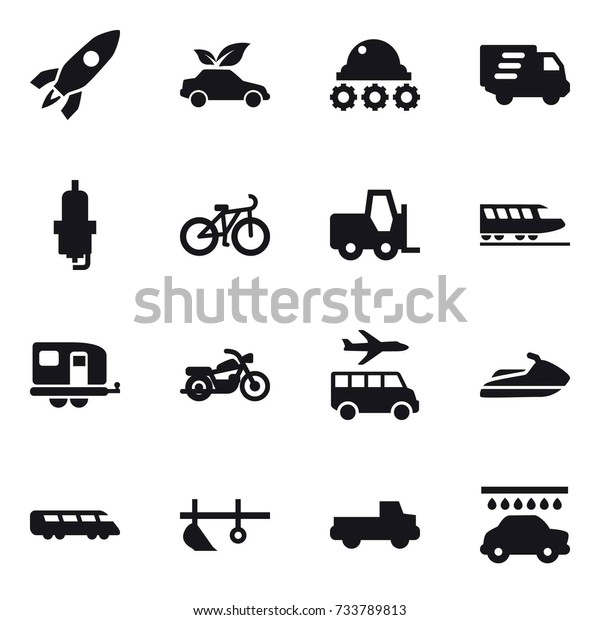 16 vector icon set : rocket, eco car,\
lunar rover, delivery, spark plug, bike, train, trailer,\
motorcycle, transfer, jet ski, plow, pickup, car\
wash