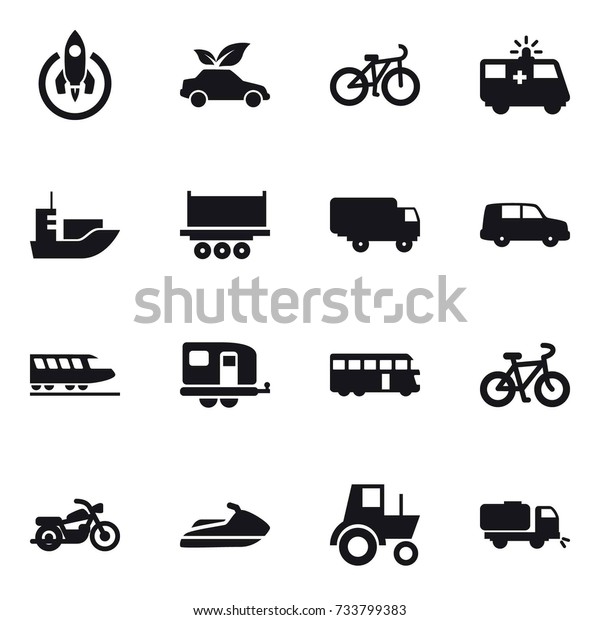 16 vector icon set\
: rocket, eco car, bike, train, trailer, bus, motorcycle, jet ski,\
tractor, sweeper