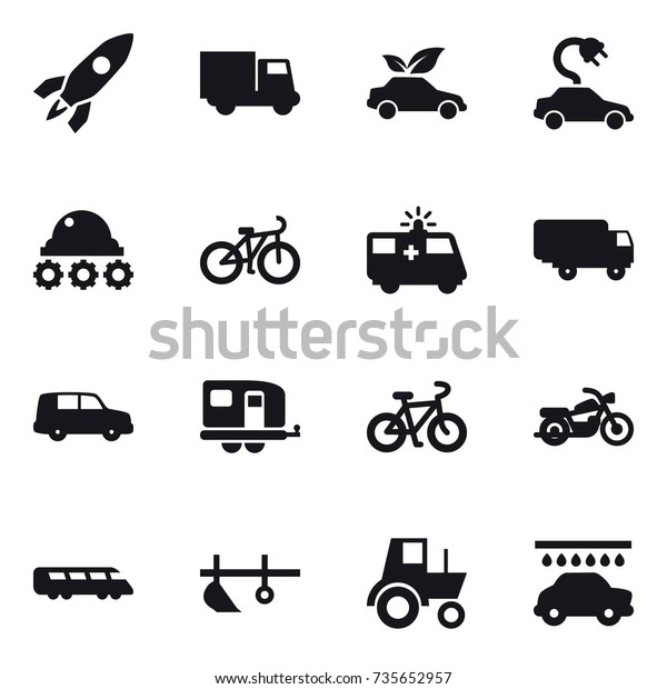 16 vector icon set : rocket, truck, eco car,\
electric car, lunar rover, bike, trailer, motorcycle, plow,\
tractor, car wash