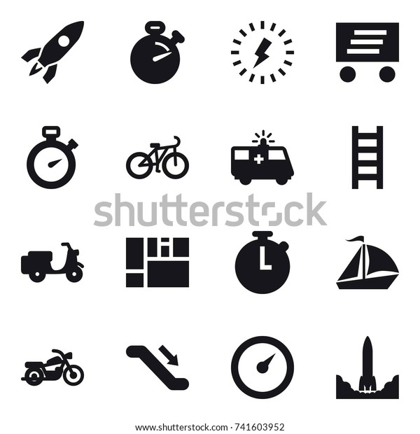 16\
vector icon set : rocket, stopwatch, lightning, delivery, bike,\
stairs, sail boat, motorcycle, escalator,\
barometer