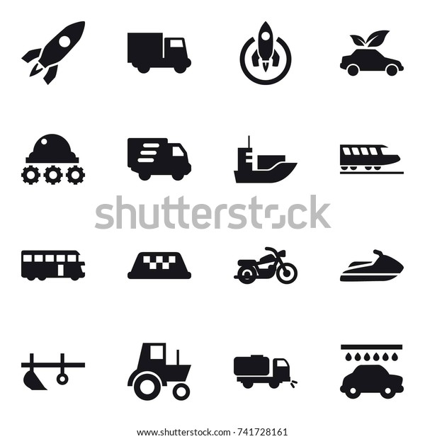 16 vector icon set : rocket, truck, eco car, lunar\
rover, delivery, train, bus, taxi, motorcycle, jet ski, plow,\
tractor, sweeper, car wash
