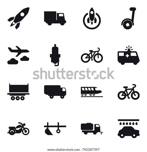 16 vector icon set :\
rocket, truck, journey, spark plug, bike, train, motorcycle, plow,\
sweeper, car wash
