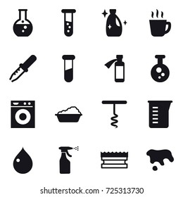 16 vector icon set : round flask, vial, cleanser, hot drink, washing machine, washing, corkscrew, measuring cup, drop, sprayer, sponge, spot