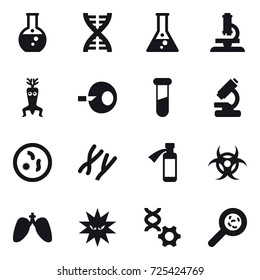 16 vector icon set : round flask, dna, flask, microscope, dna modify, viruses