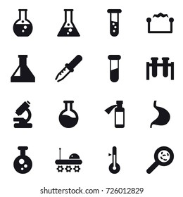 16 vector icon set : round flask, flask, vial, electrostatic, thermometer, viruses