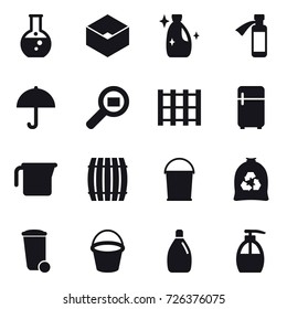16 vector icon set : round flask, box, cleanser, fridge, measuring cup, barrel, bucket, garbage bag, trash bin, liquid soap
