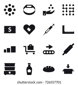 16 vector icon set : round around, smart bracelet, chamical industry, chip, receipt, ruler, baggage trolley, rolling pin, bread, package