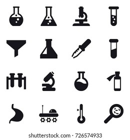 16 vector icon set : round flask, flask, microscope, vial, funnel, thermometer, viruses