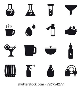 16 vector icon set : round flask, flask, vial, funnel, hot drink, cocktail, cup, cauldron, barrel, sprayer, cleanser, dish cleanser