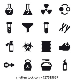 16 vector icon set : round flask, flask, nuclear, quantum bond, vial, funnel, fertilizer, washing powder, toilet cleanser