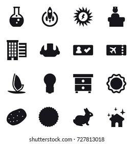 16 vector icon set : round flask, rocket, sun power, houses, building helmet, check in, ticket, windsurfing, bulb, nightstand, rabbit, house cleaning