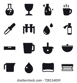 16 vector icon set : round flask, wineglass, cleanser, hot drink, level, cup, cauldron, measuring cup, drop, sponge