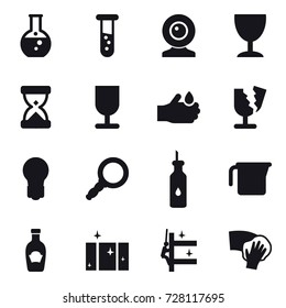 16 vector icon set : round flask, vial, web cam, wineglass, bulb, measuring cup, clean  window, skyscrapers cleaning, wiping