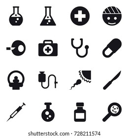 16 vector icon set : round flask, flask, pills bottle, viruses