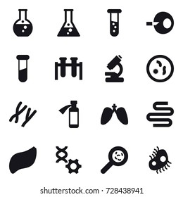 16 vector icon set : round flask, flask, vial, viruses, microb