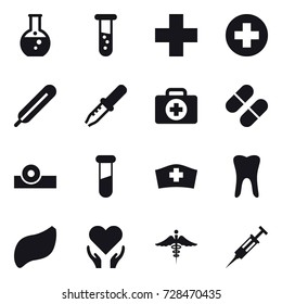 16 vector icon set : round flask, vial, syringe