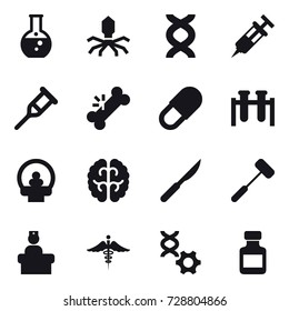 16 vector icon set : round flask, virus, pills bottle