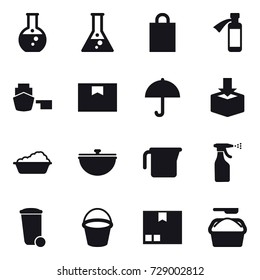 16 vector icon set : round flask, flask, shopping bag, washing, cauldron, measuring cup, sprayer, trash bin, bucket, package, washing powder
