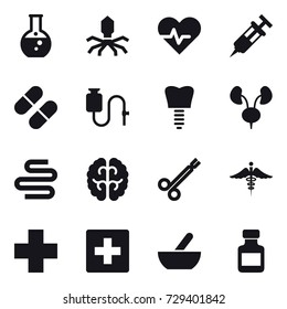 16 vector icon set : round flask, virus, first aid, mortar, pills bottle