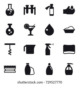 16 vector icon set : round flask, cocktail, drop, washing, corkscrew, measuring cup, sprayer, sponge, shampoo, cleanser, liquid soap