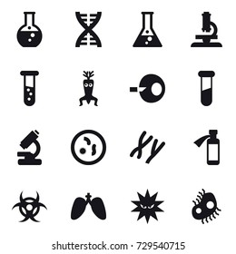 16 vector icon set : round flask, dna, flask, microscope, vial, dna modify, microb