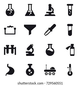16 vector icon set : round flask, flask, microscope, vial, electrostatic, funnel, thermometer