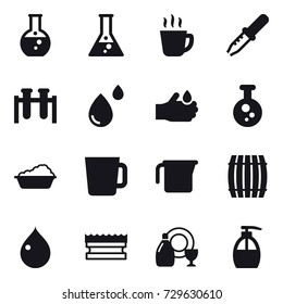 16 vector icon set : round flask, flask, hot drink, washing, cup, measuring cup, barrel, drop, sponge, dish cleanser, liquid soap